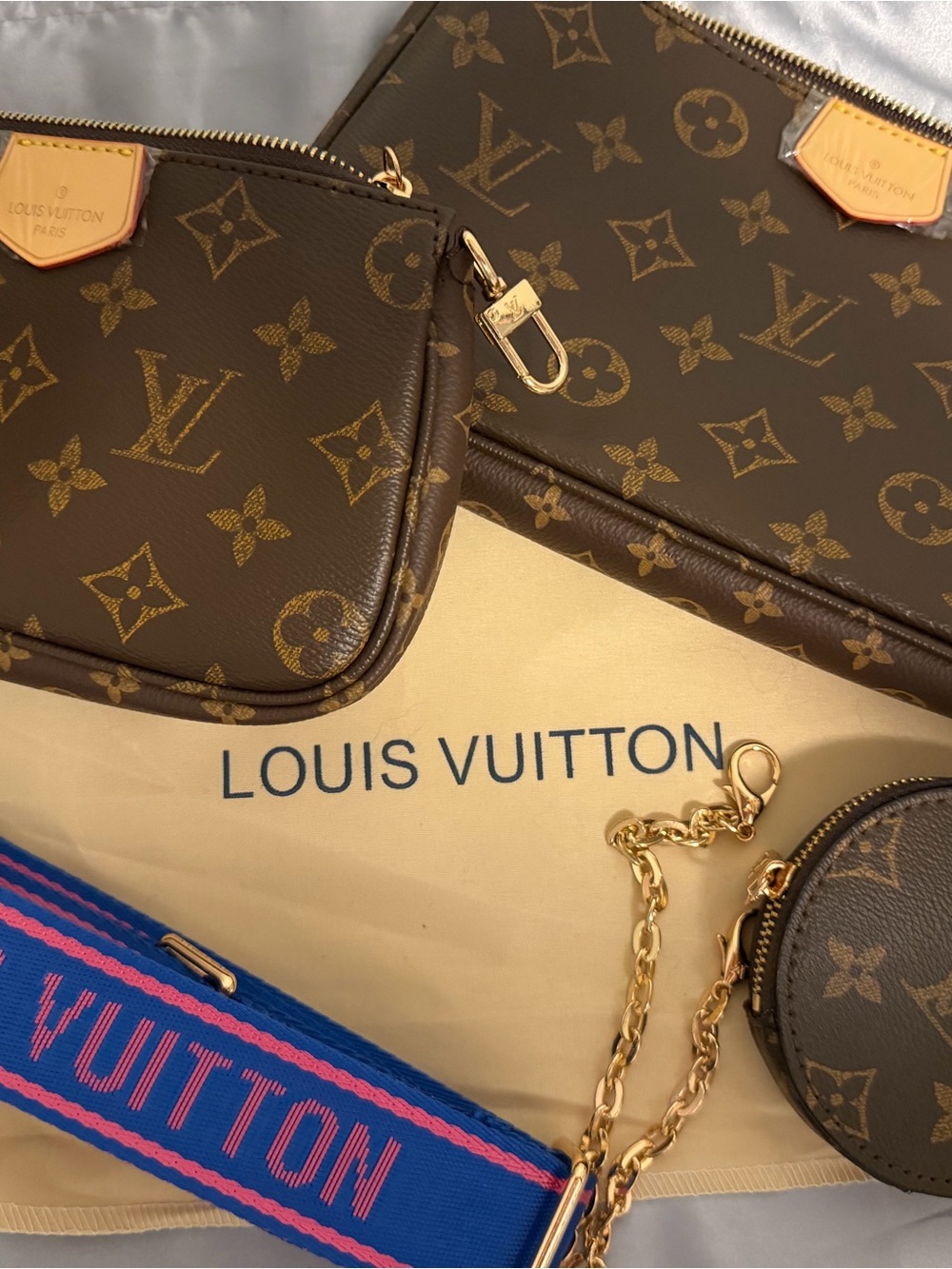 Louis Vuitton Monogram Crossbody Trio with Blue and Pink Strap